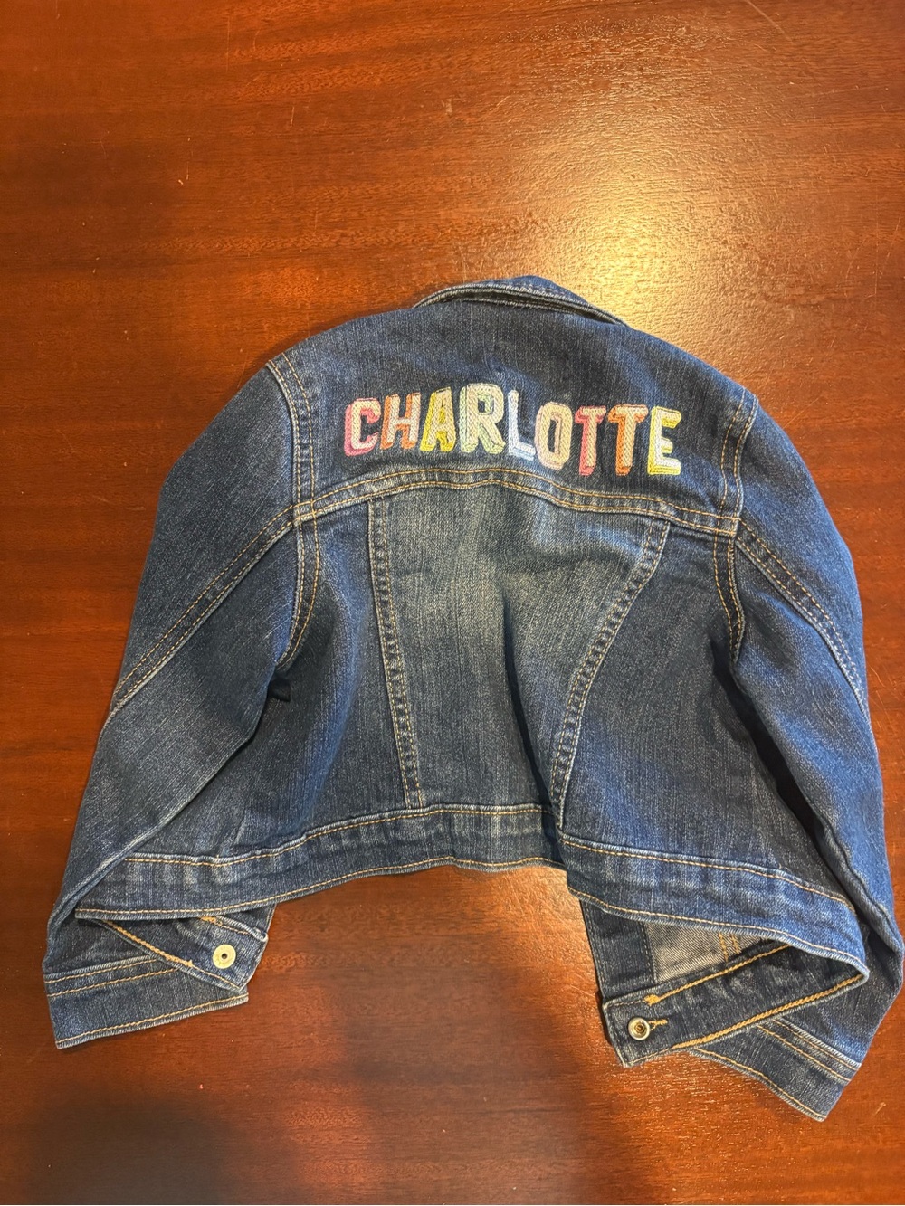 The Children's Place Blue Denim Jacket with Multicolor 'CHARLOTTE' Embroidery